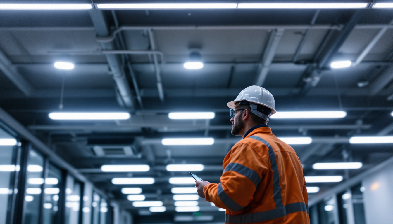 A photograph of capture a photograph of a modern suspended ceiling featuring sleek 2x4 led lights