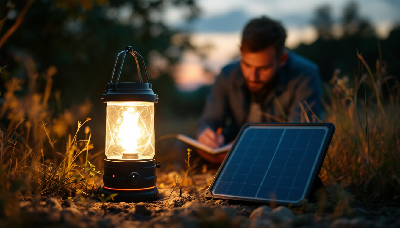 A photograph of a portable solar lantern in an outdoor setting during dusk