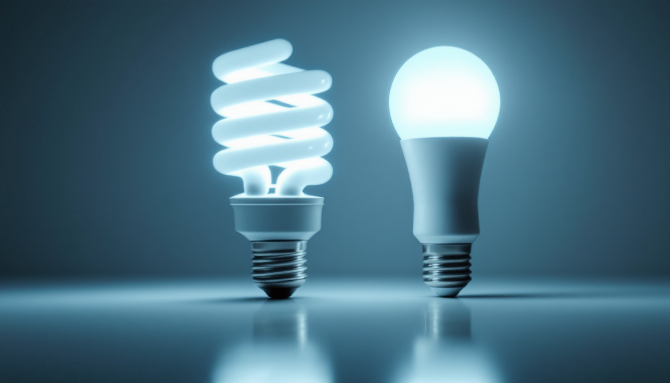 A photograph of a side-by-side comparison of a fluorescent bulb and an led bulb illuminated in a well-lit room