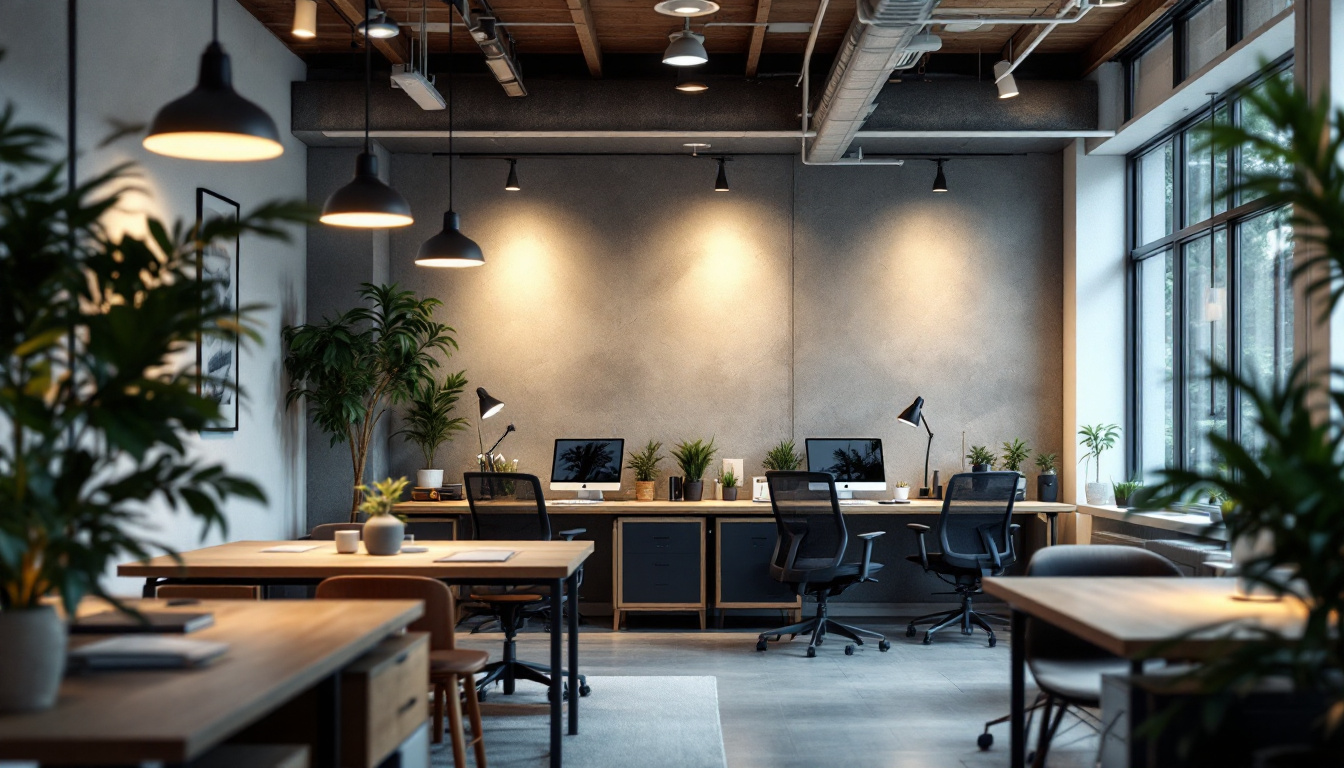 A photograph of a modern office space featuring a variety of innovative lighting solutions