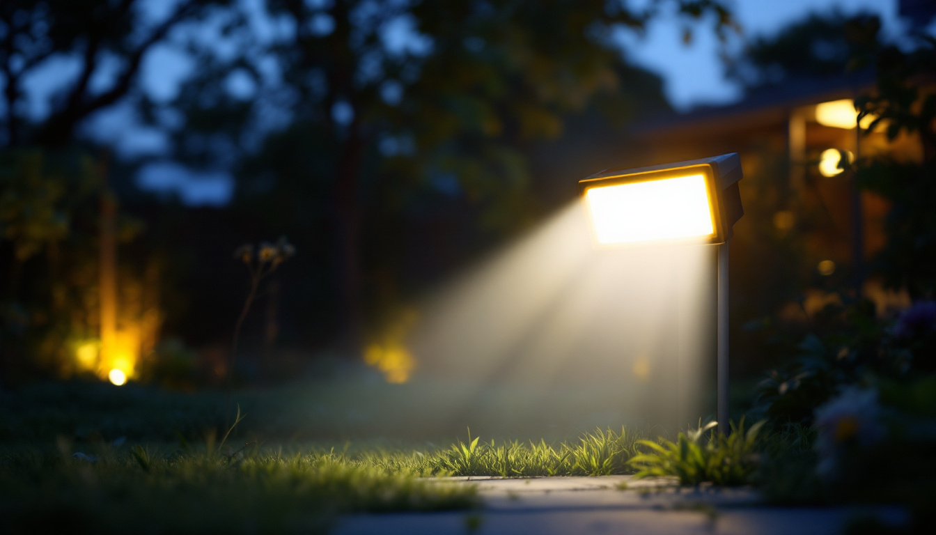 A photograph of capture a photograph of a remote-controlled solar-powered flood light illuminating a garden or outdoor space at dusk