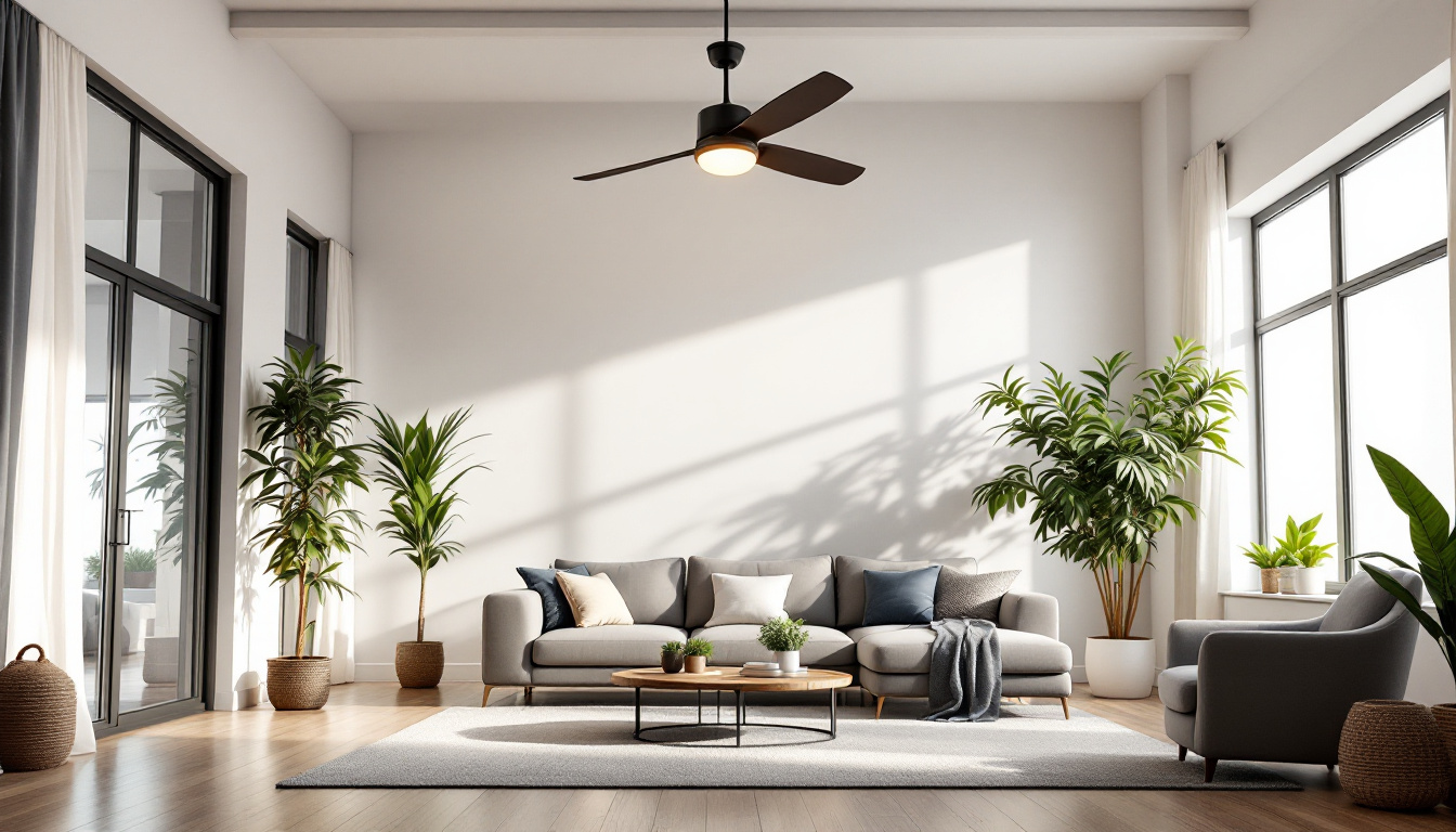 A photograph of a spacious room with high ceilings featuring a stylish large ceiling fan in action