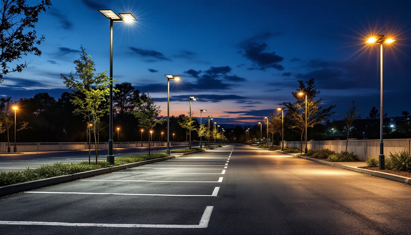 A photograph of a well-lit parking lot at dusk