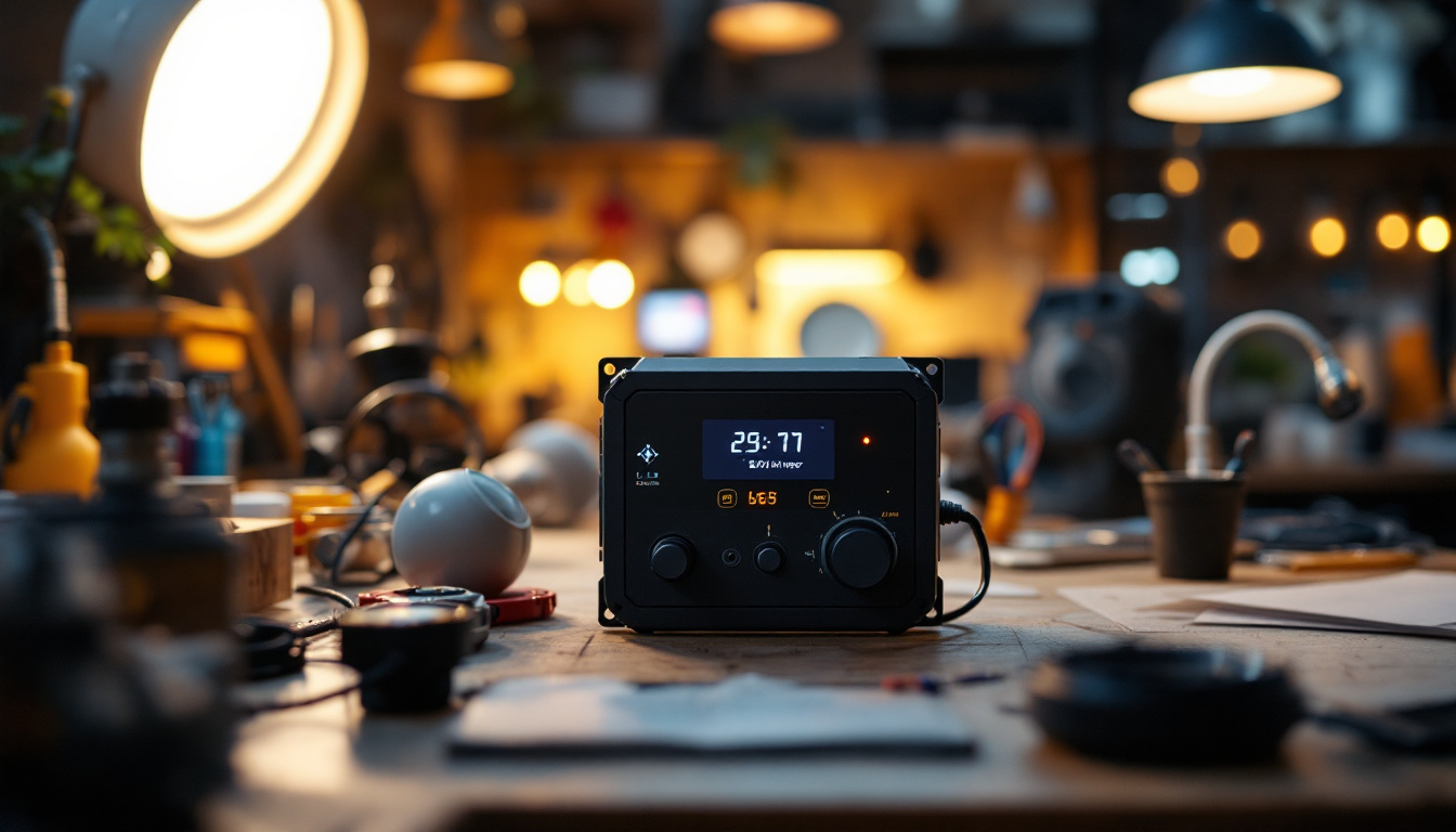 A photograph of a well-lit workspace featuring a close-up of a led driver and dimmer alongside various lighting fixtures
