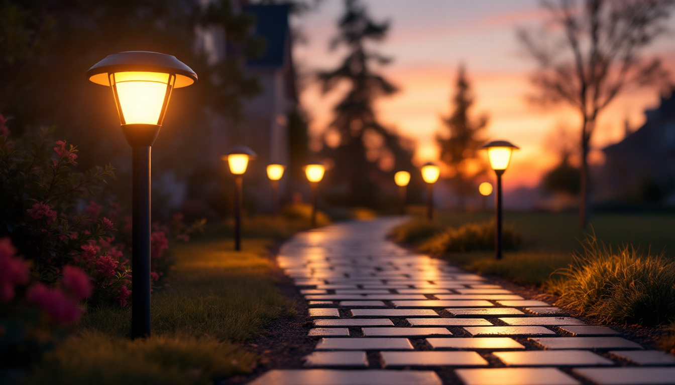 A photograph of a beautifully illuminated outdoor pathway featuring solar pathway led lights
