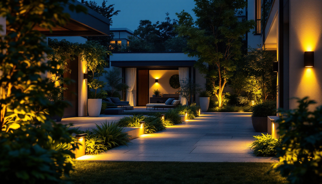 A photograph of a beautifully lit outdoor space featuring various styles of led wall lights illuminating architectural elements