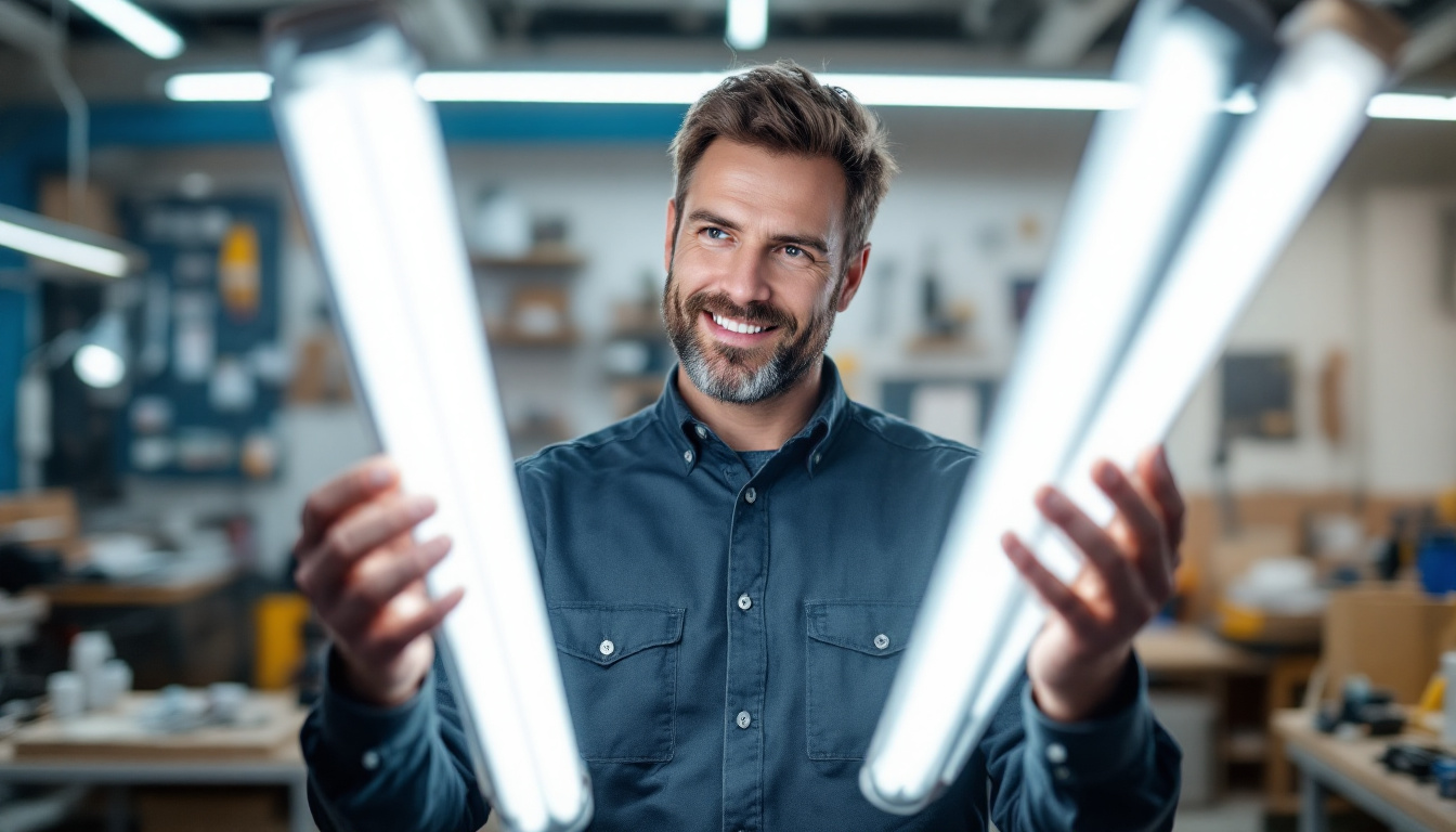 A photograph of a lighting engineer comparing t8 and t5 fluorescent tubes in a well-lit workspace