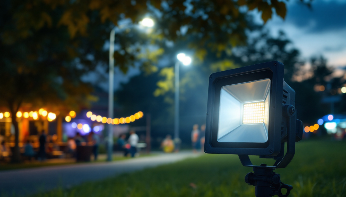 A photograph of a commercial floodlight illuminating a vibrant outdoor scene at dusk