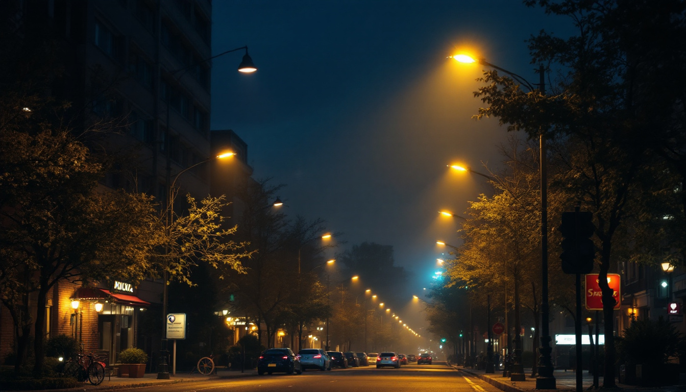 A photograph of a well-lit street scene showcasing a variety of street light designs