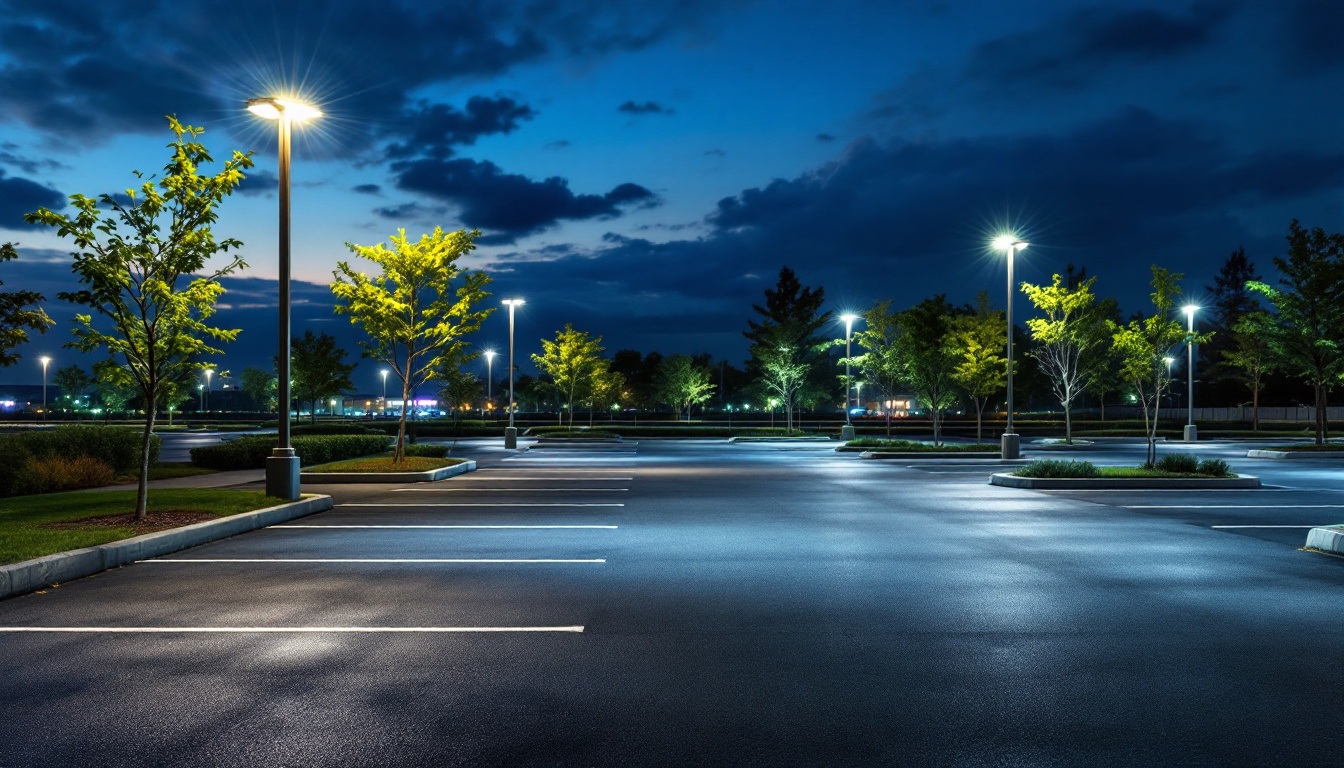 A photograph of a modern parking lot illuminated by energy-efficient led lights at dusk