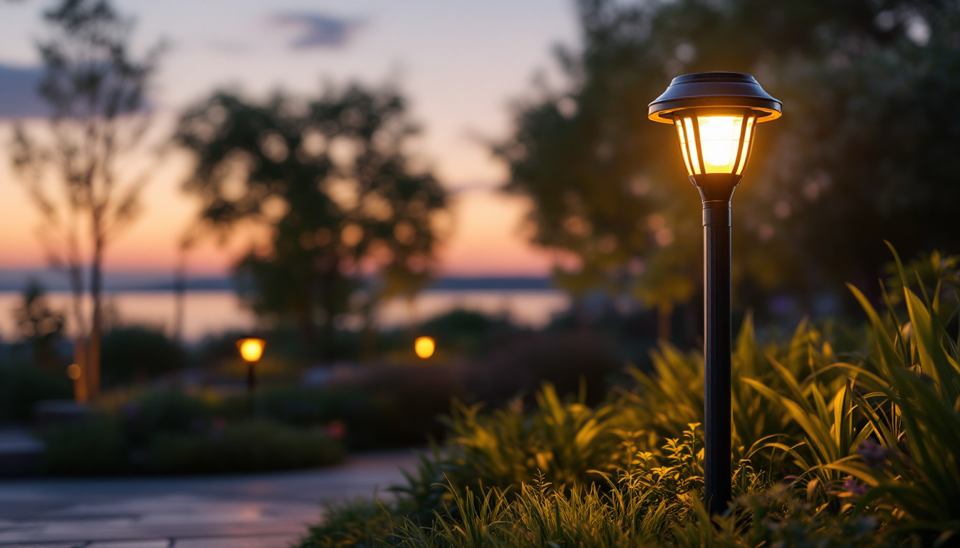 A photograph of a solar yard post light elegantly illuminating a landscaped outdoor space at dusk