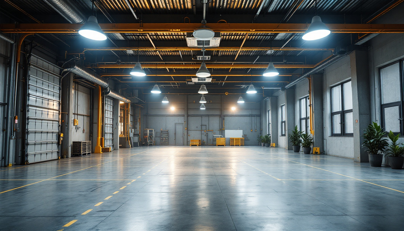 A photograph of a well-lit industrial or commercial space featuring led high bay lights in action