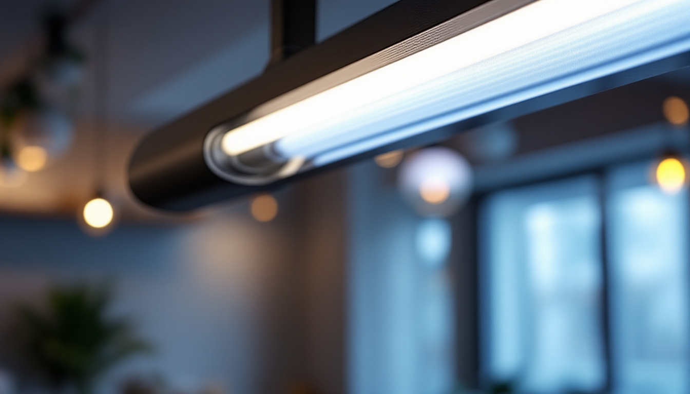 A photograph of a t5 bulb socket integrated into a modern lighting fixture within a stylish interior setting
