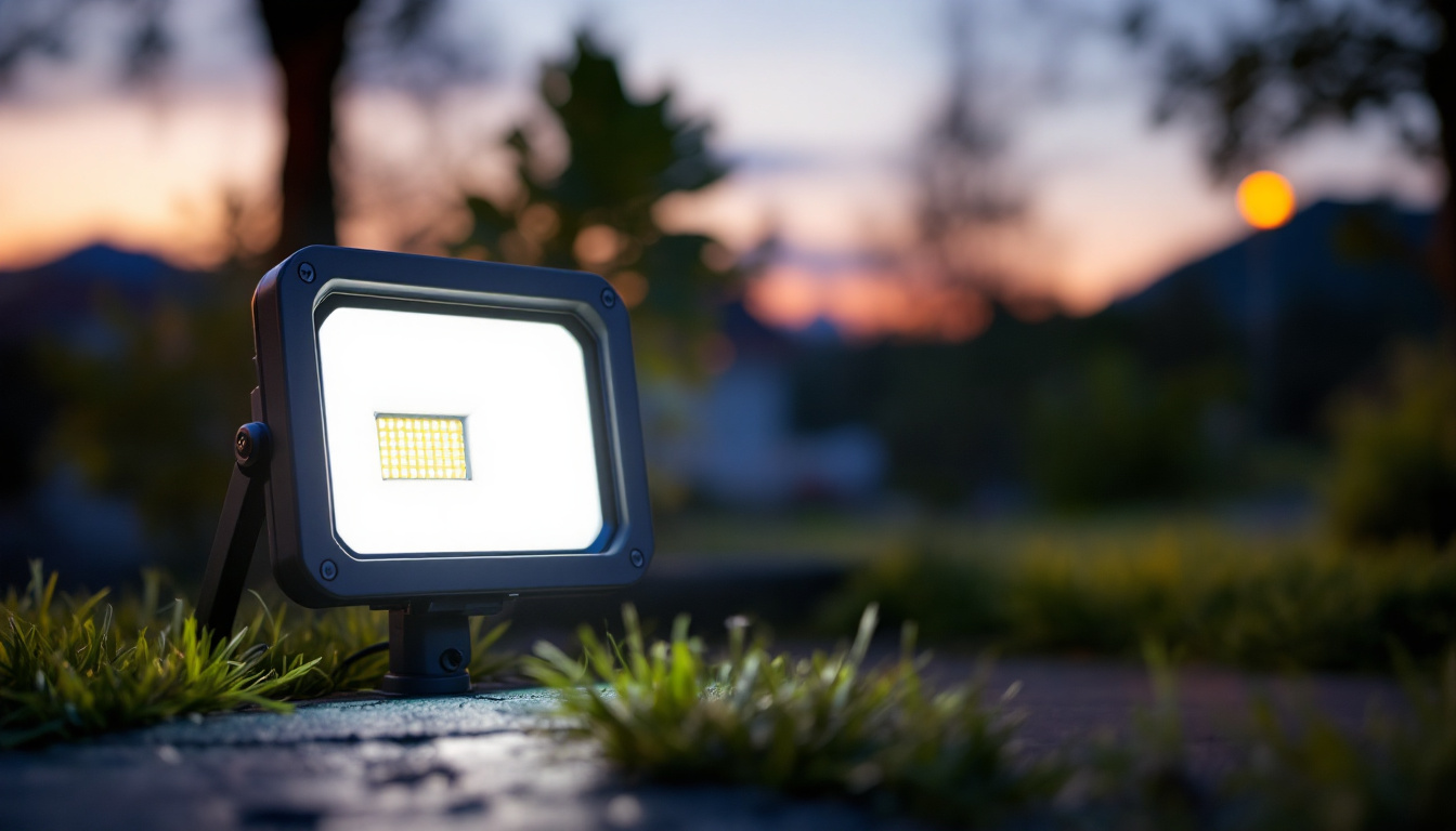 A photograph of a solar flood light in an outdoor setting at dusk