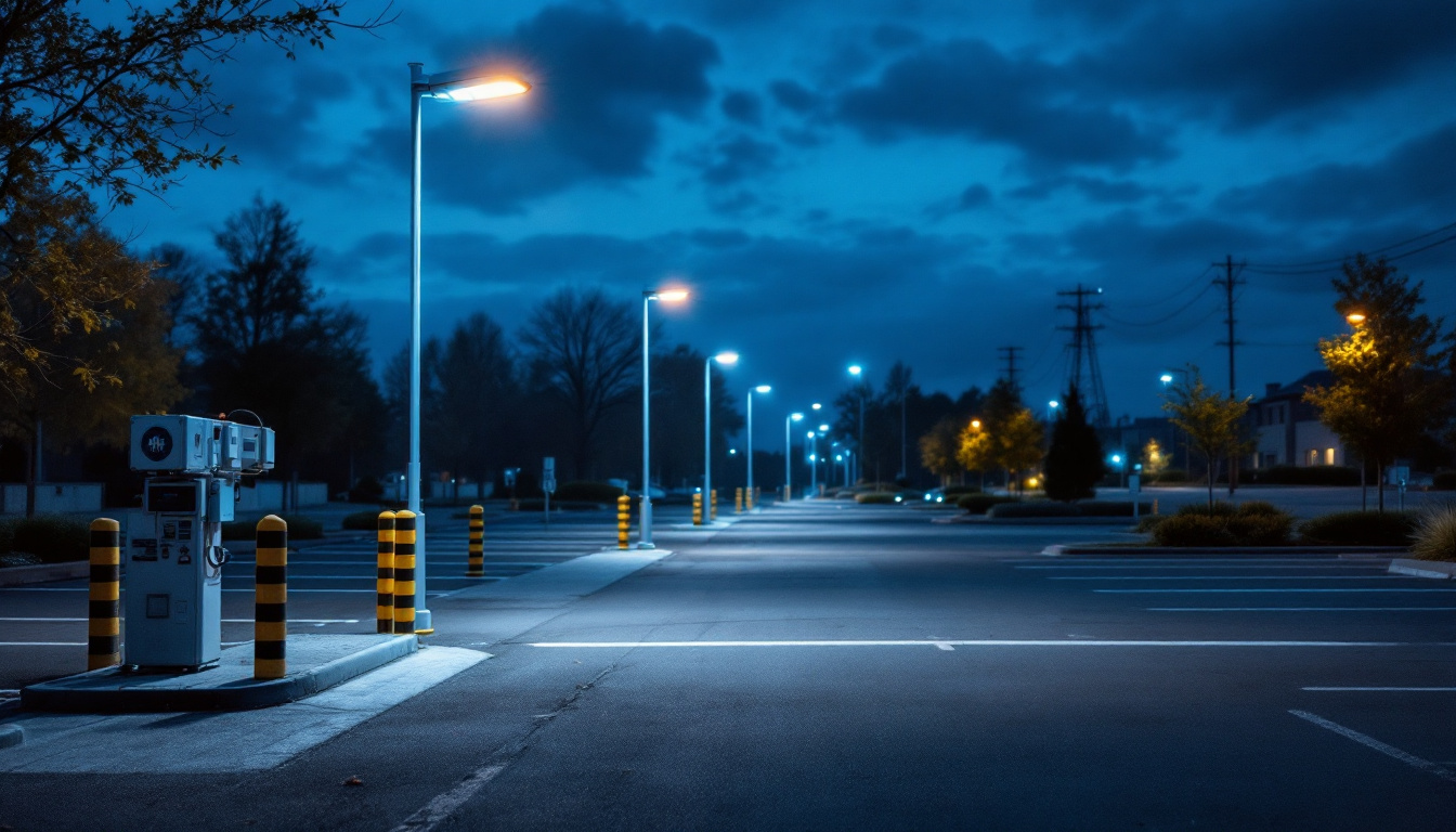 A photograph of a well-lit parking lot featuring led pole lights at dusk