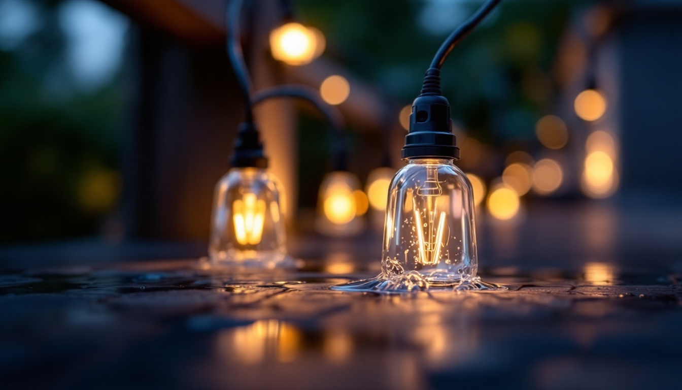 A photograph of a close-up of waterproof splice connectors being used in a well-lit outdoor lighting installation