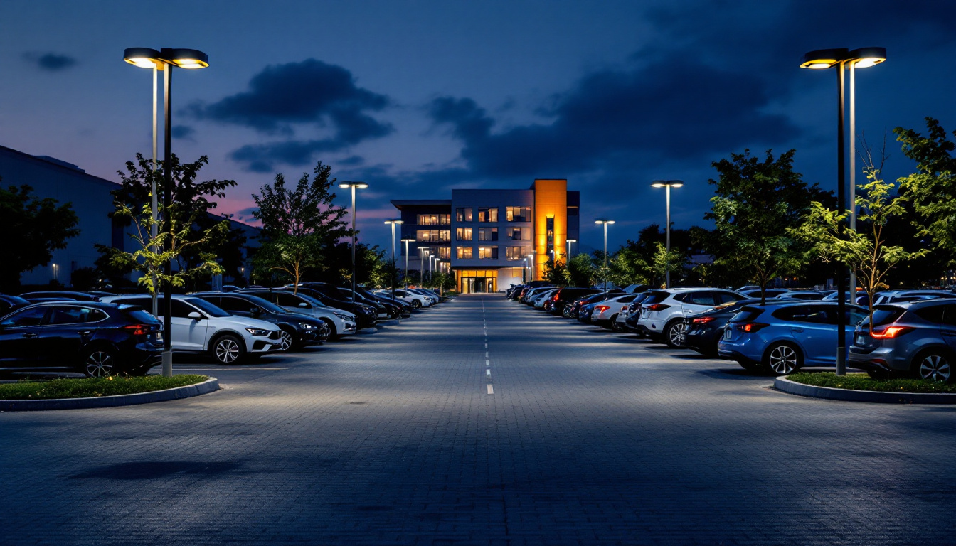 A photograph of a well-lit parking lot at dusk
