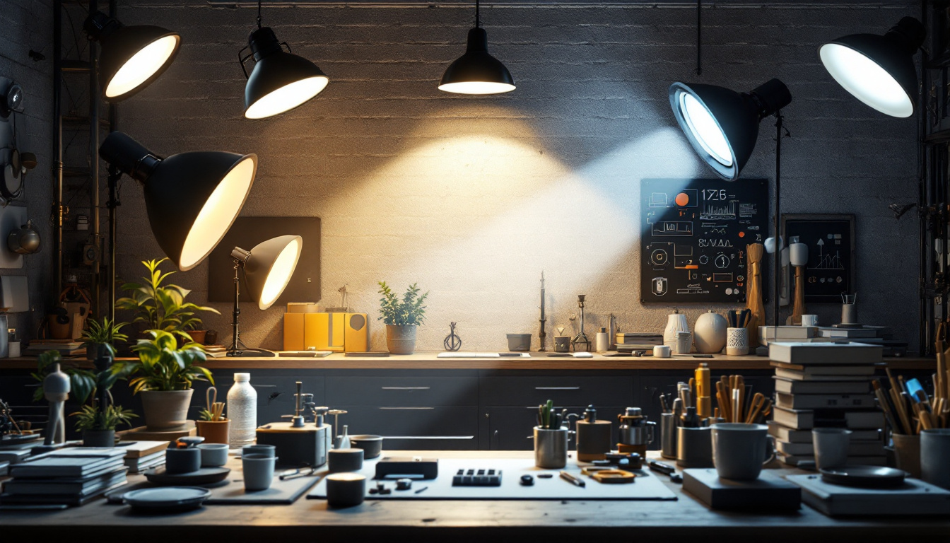 A photograph of a well-lit workspace showcasing various lighting fixtures and engineering tools