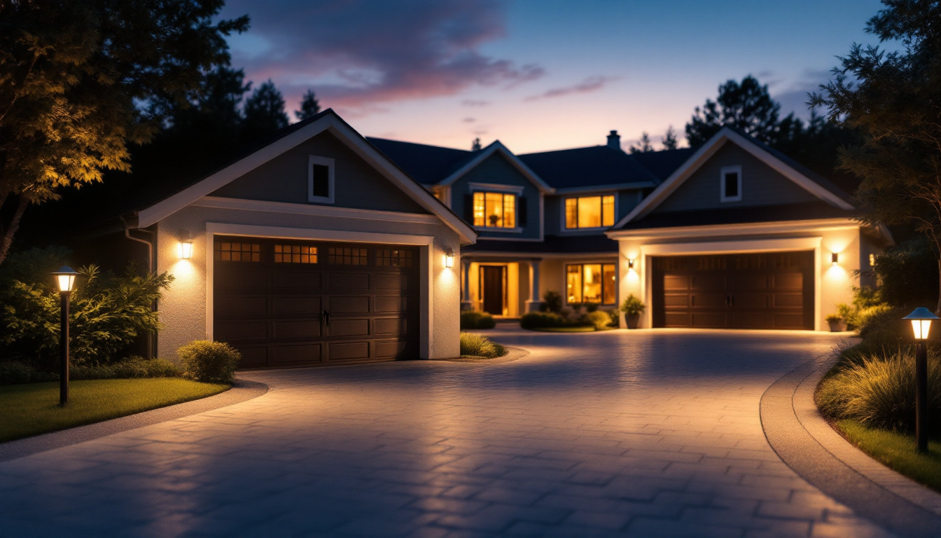 A photograph of a beautifully illuminated driveway at dusk