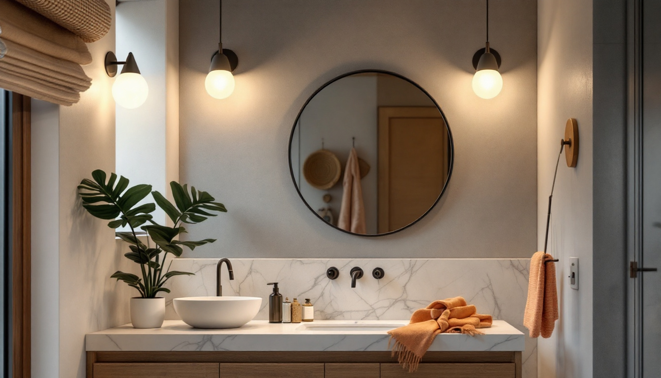 A photograph of a stylish bathroom or vanity area featuring affordable yet aesthetically pleasing lighting fixtures