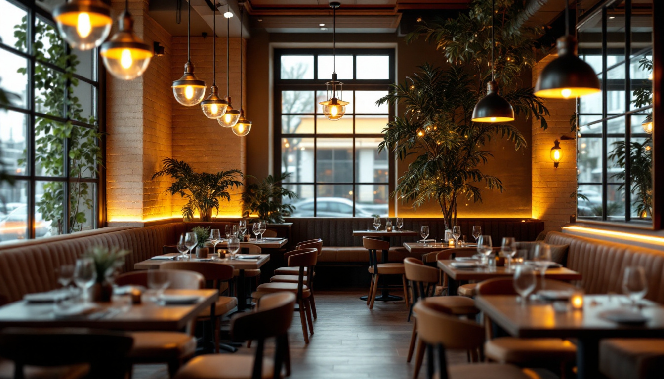 A photograph of a beautifully designed restaurant interior showcasing low-glare lighting