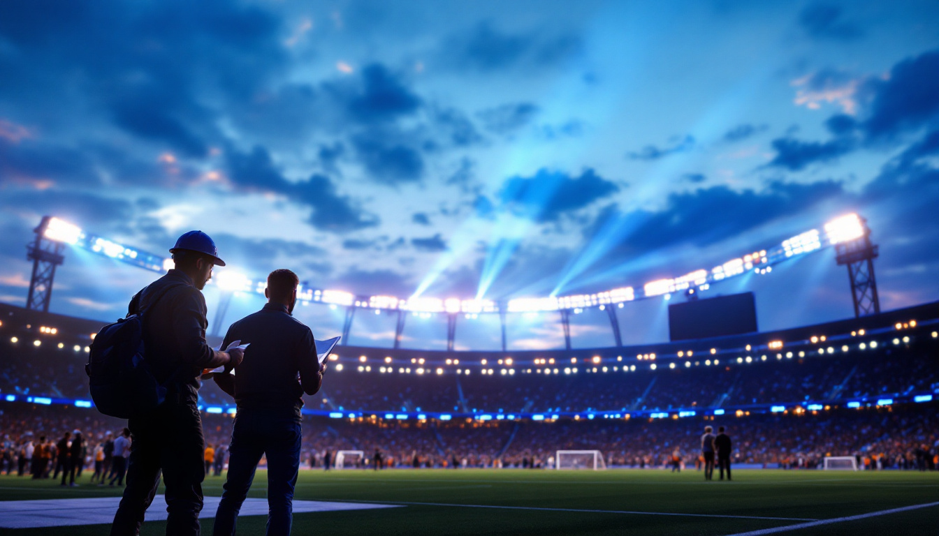 A photograph of a dynamic stadium scene at dusk