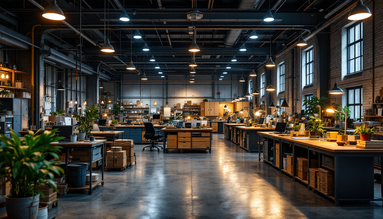 A photograph of a well-lit industrial workspace featuring energy-efficient led shop lights illuminating various workstations