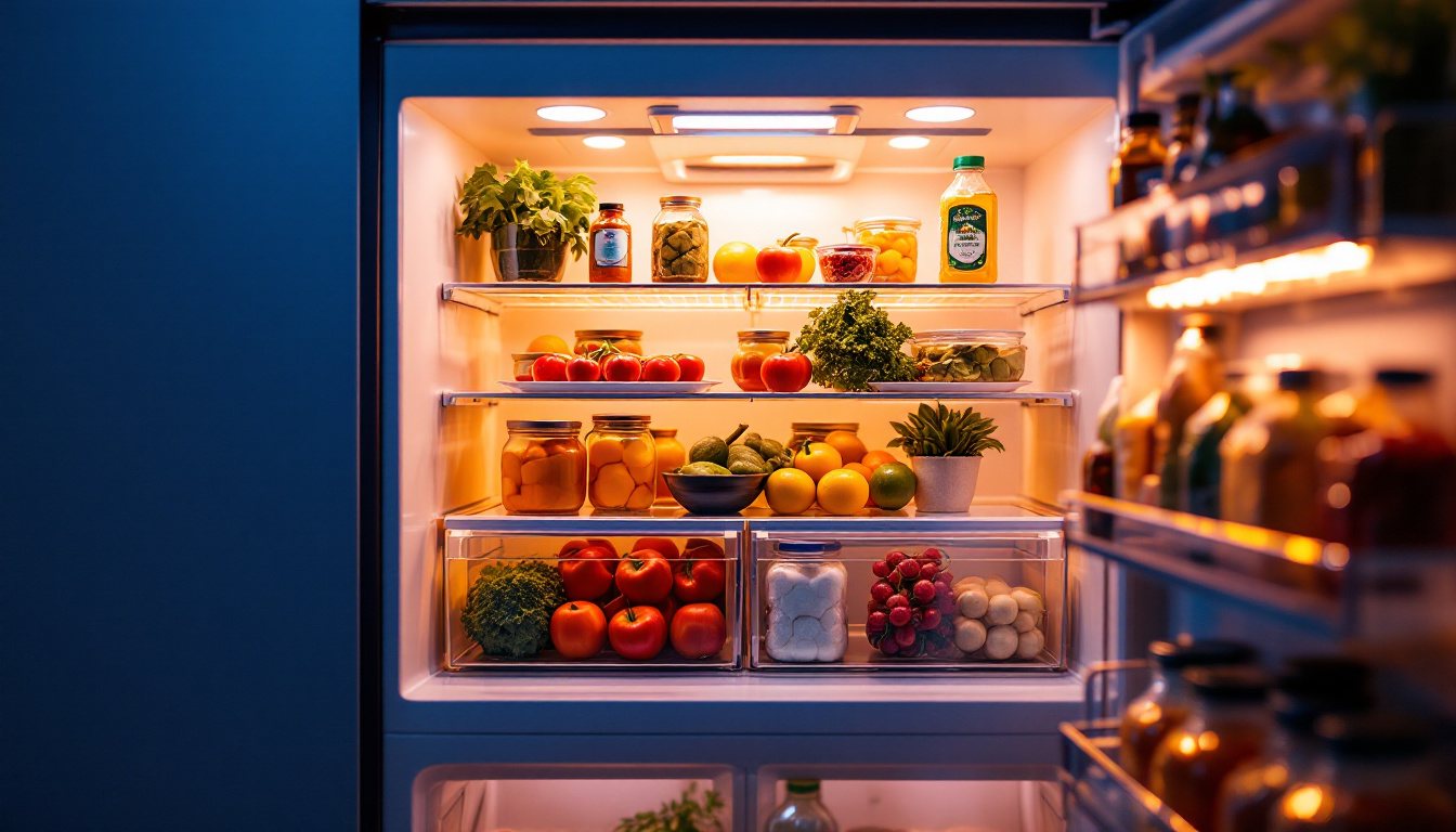 A photograph of a well-lit refrigerator interior showcasing vibrant