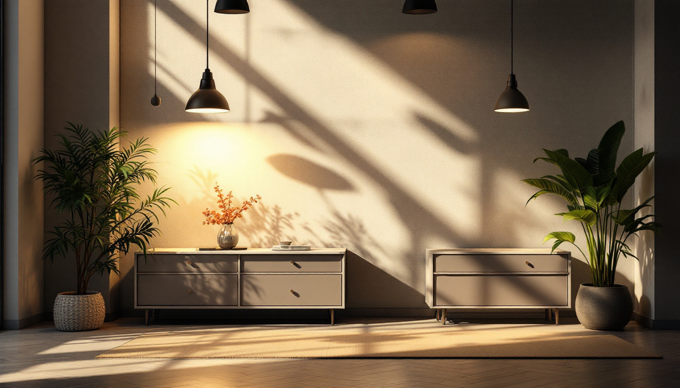 A photograph of a well-lit interior space showcasing various lighting fixtures