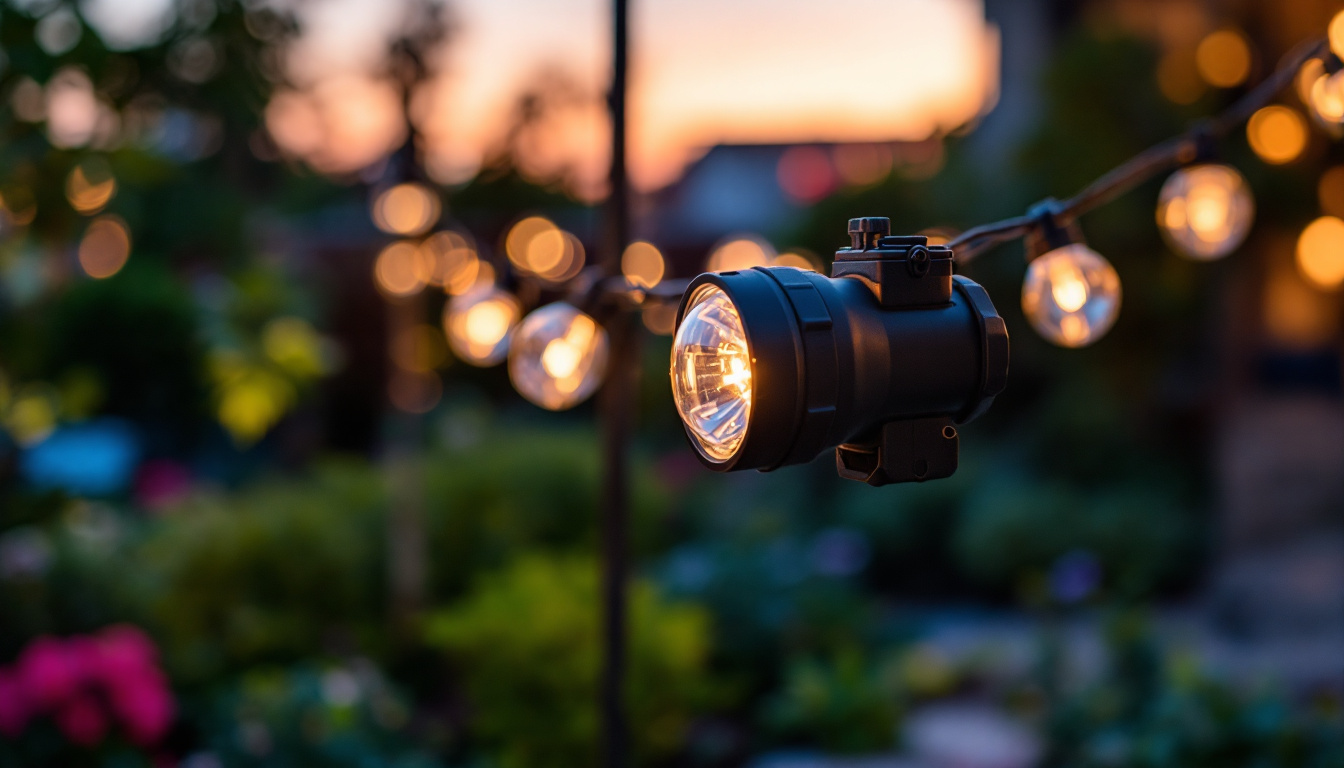 A photograph of a close-up shot of waterproof low voltage wire connectors in use within a beautifully illuminated outdoor lighting setup