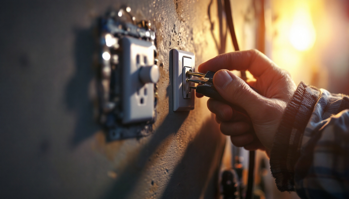 A photograph of a close-up shot of an electrician inspecting a house outlet and light fixture