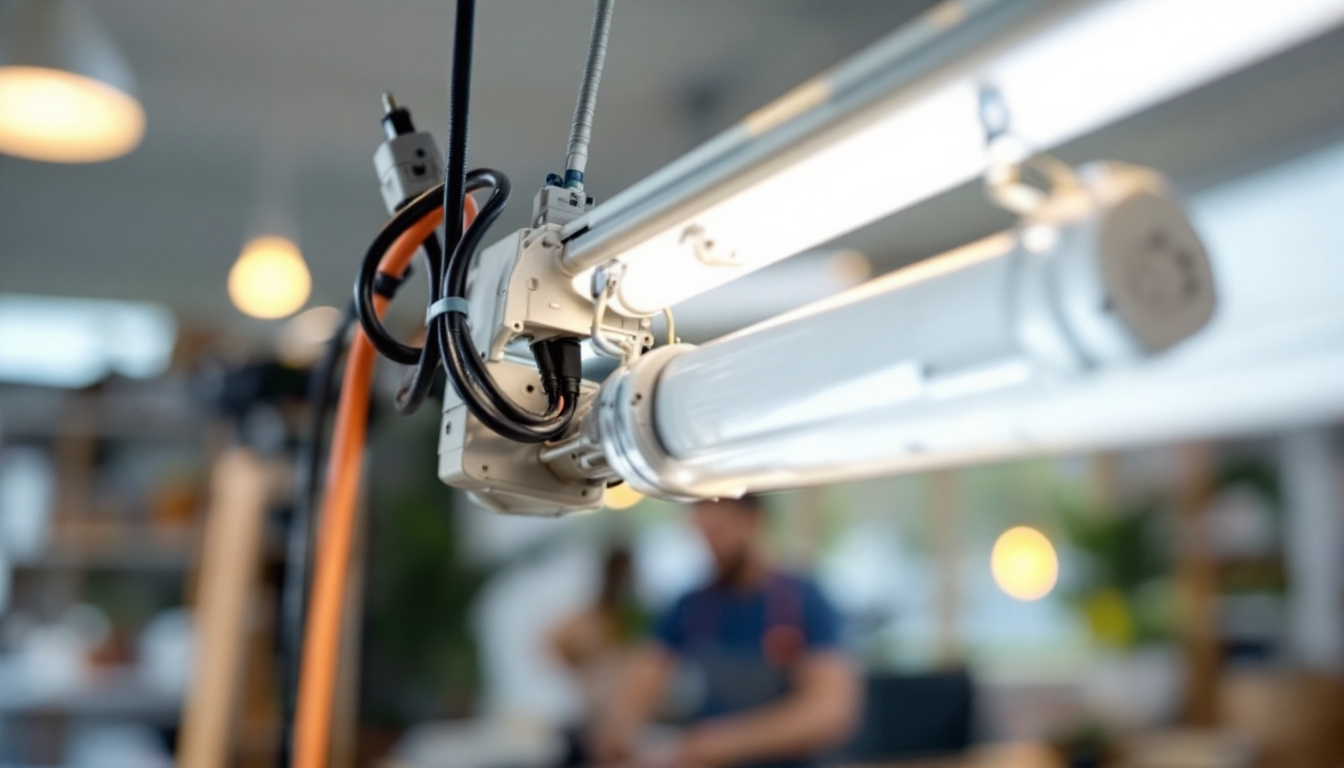 A photograph of a close-up of a fluorescent light fixture being wired