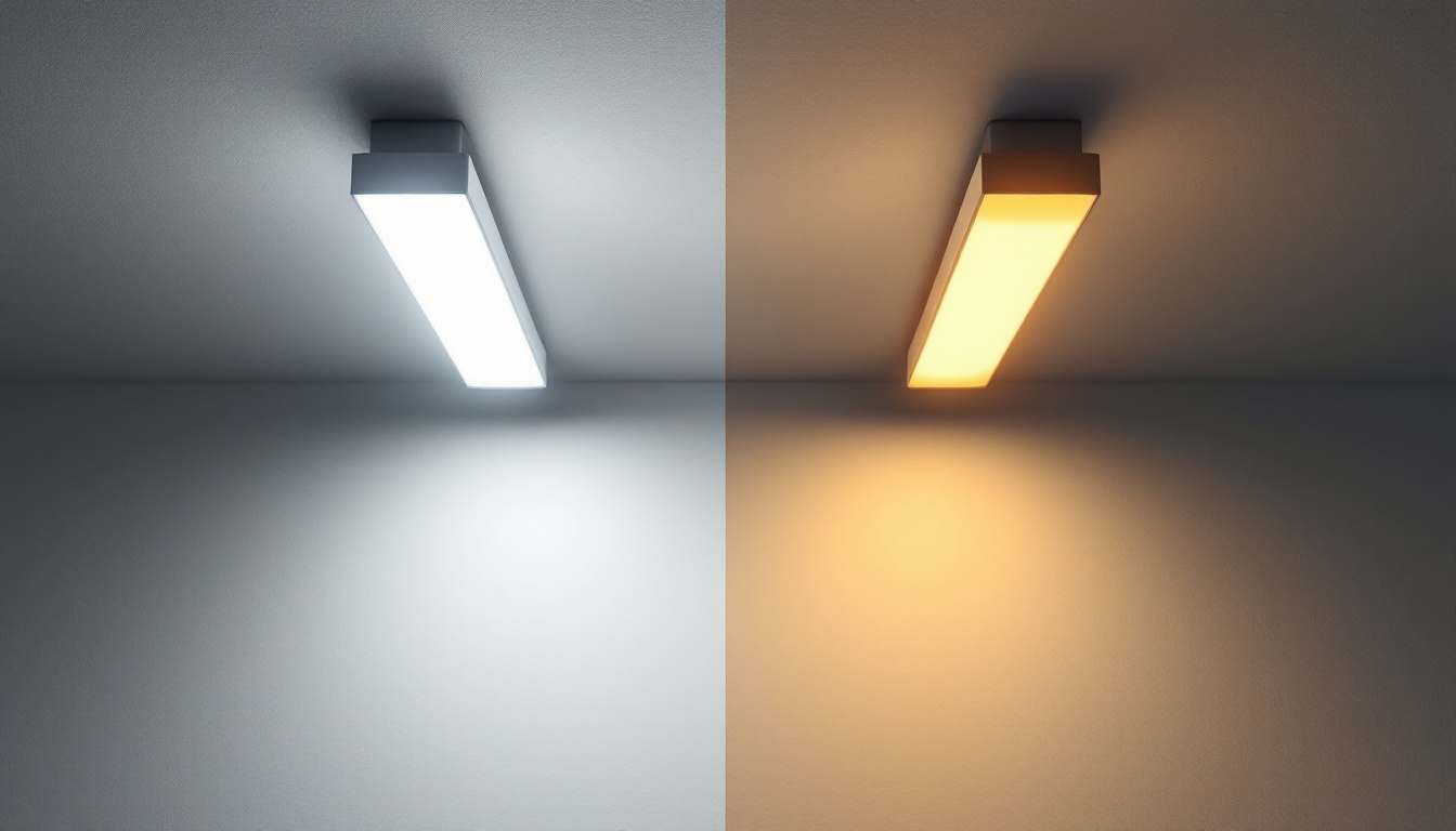 A photograph of a side-by-side comparison of a fluorescent light fixture and an led light fixture in a well-lit room