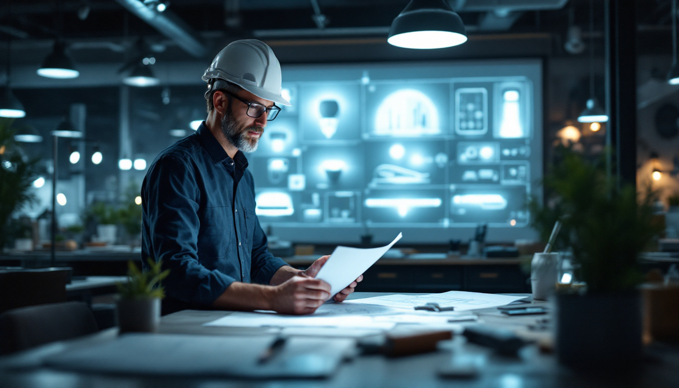 A photograph of a modern electrical engineer collaborating with a commercial lighting supplier in a well-lit workspace