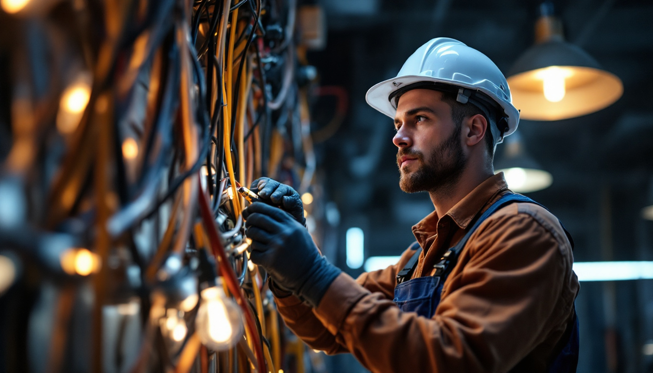 A photograph of a skilled electrician expertly connecting wire connectors amidst a backdrop of large-scale lighting fixtures