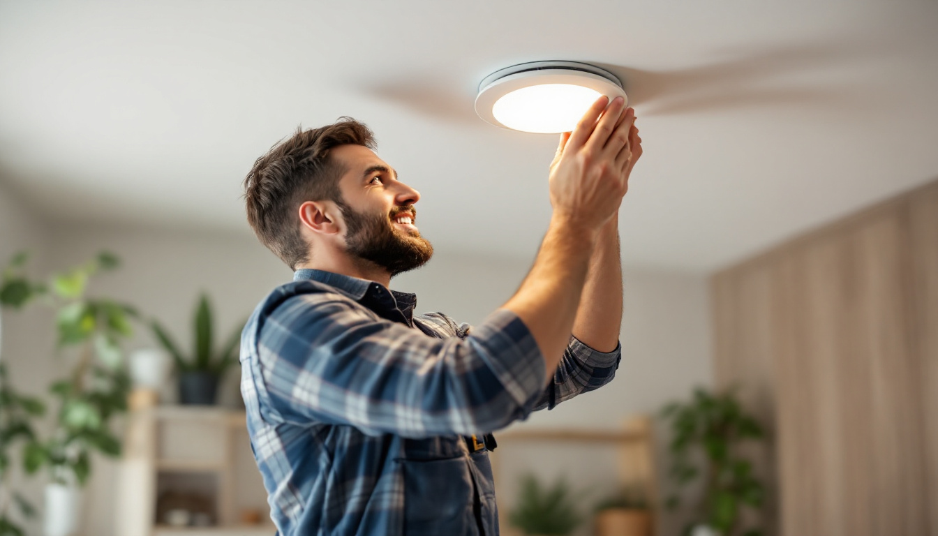 A photograph of a skilled electrician carefully replacing a recessed light fixture in a modern home setting