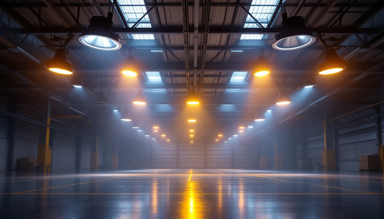 A photograph of a well-lit industrial space featuring low bay lights in action
