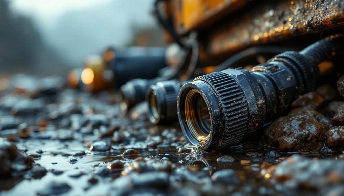 A photograph of a close-up of heavy-duty waterproof electrical connectors in a rugged outdoor setting