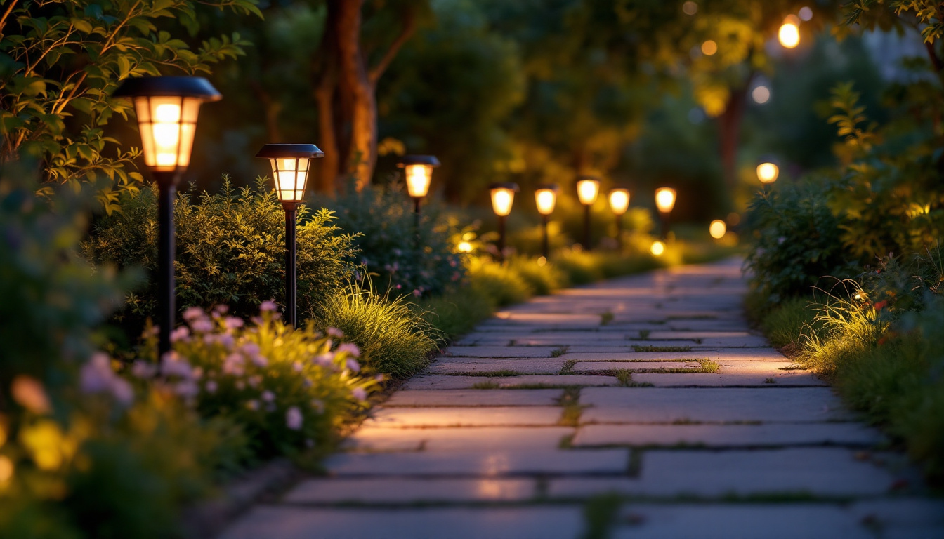 A photograph of a beautifully illuminated garden pathway at dusk