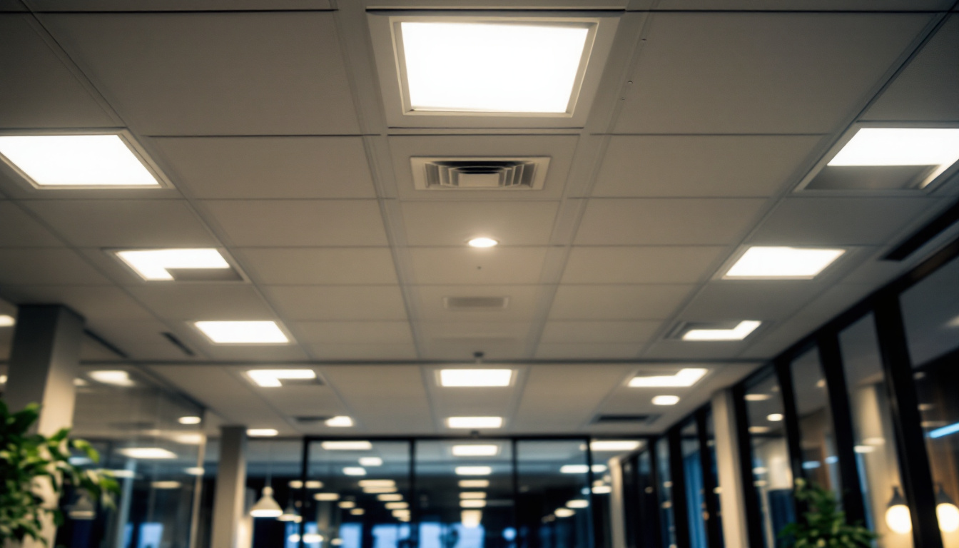 A photograph of a well-lit commercial space featuring 2x4 led troffer lights installed in the ceiling