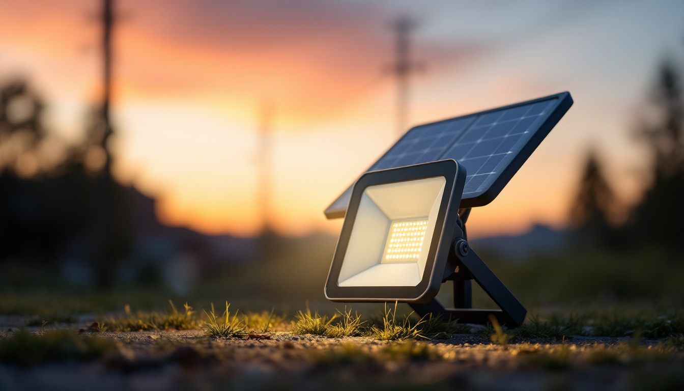 A photograph of a solar-powered floodlight in an outdoor setting at dusk