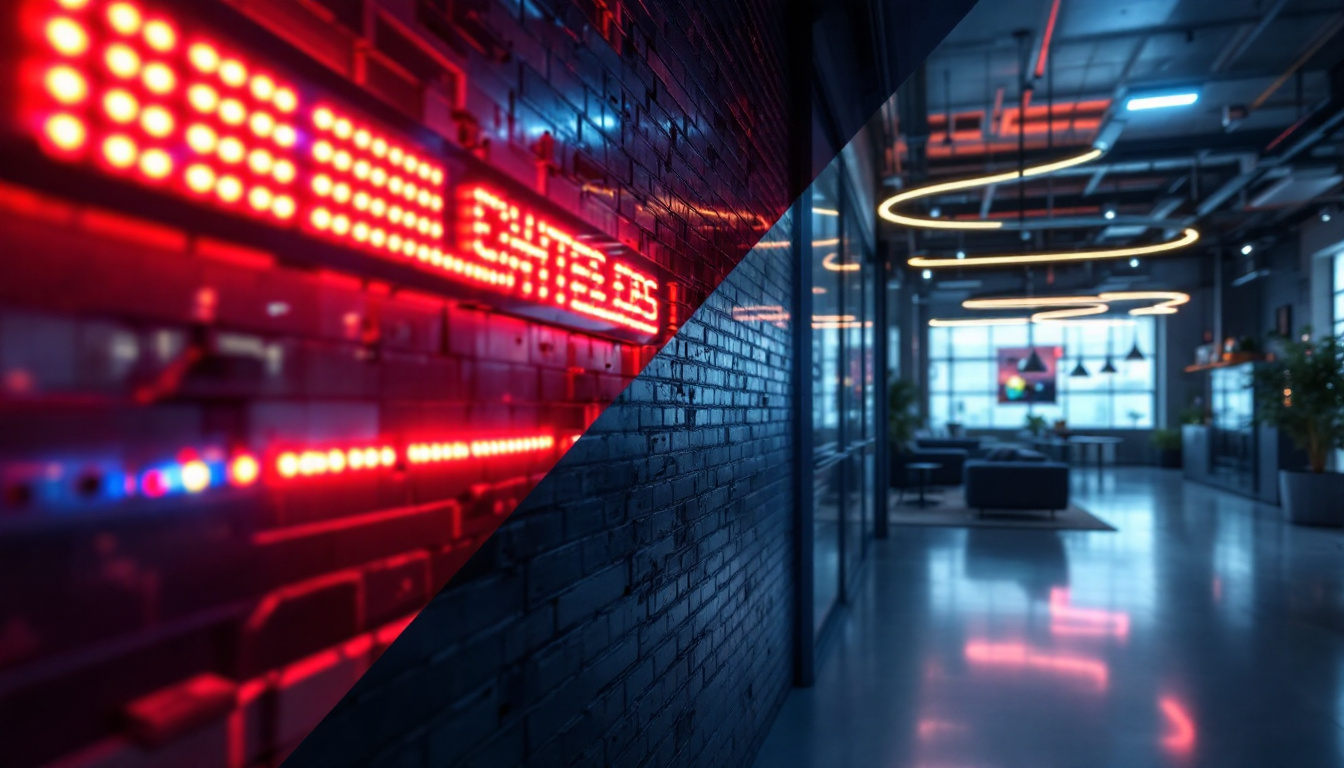 A photograph of a vibrant and visually striking sign led lighting installation in an industrial setting