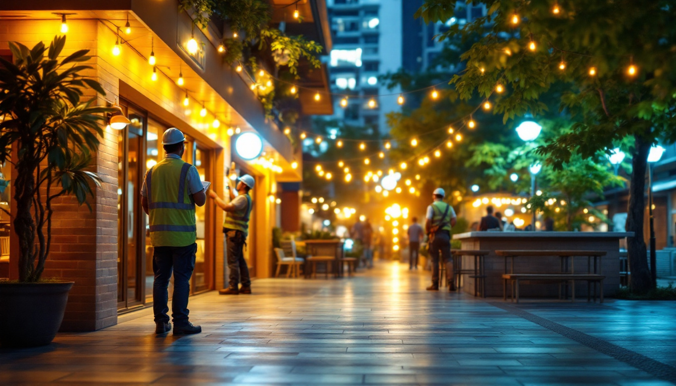 A photograph of a vibrant outdoor commercial space illuminated by various styles of led lights