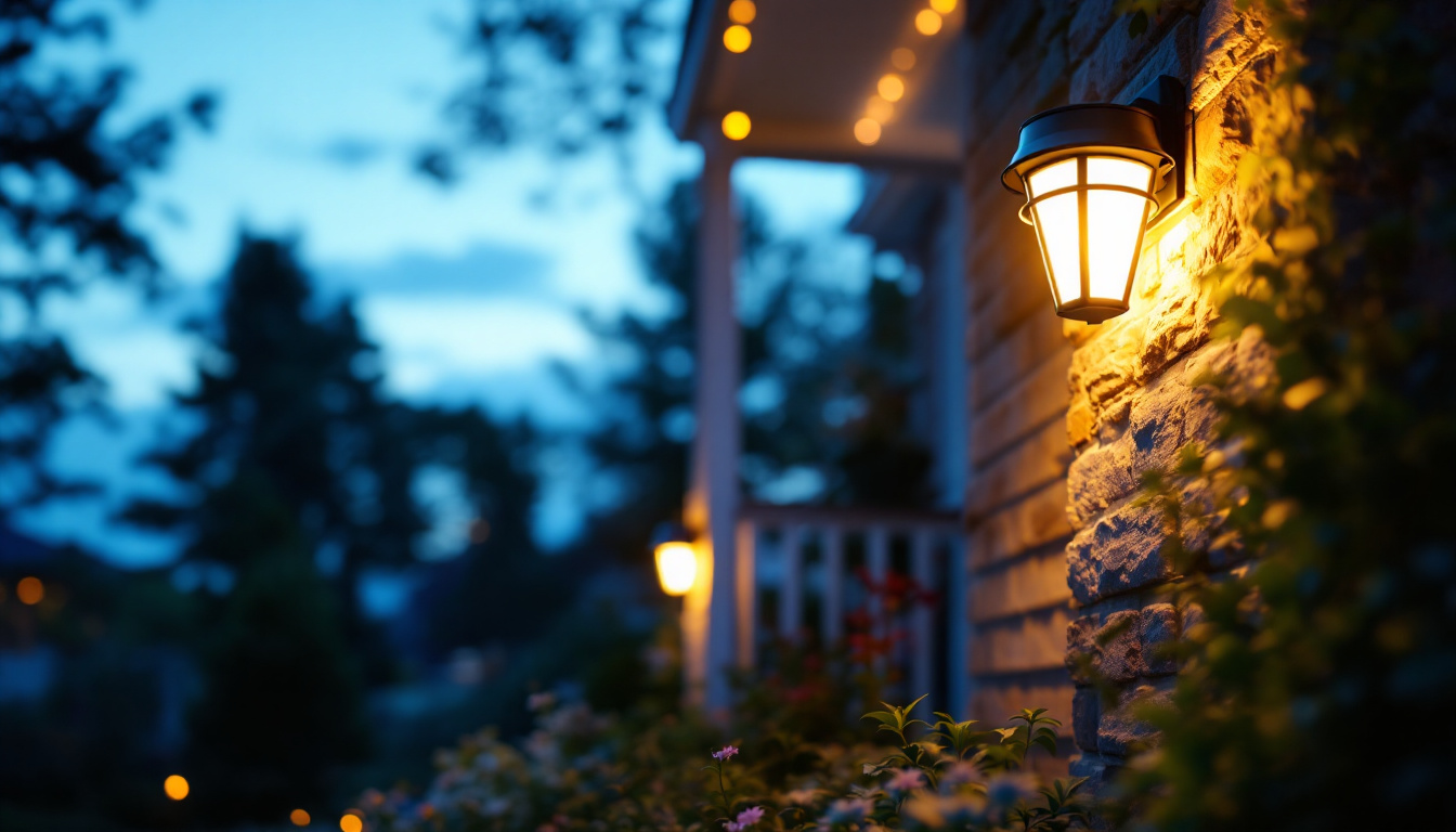 A photograph of a beautifully illuminated porch featuring stylish solar lights with motion sensors activated at dusk