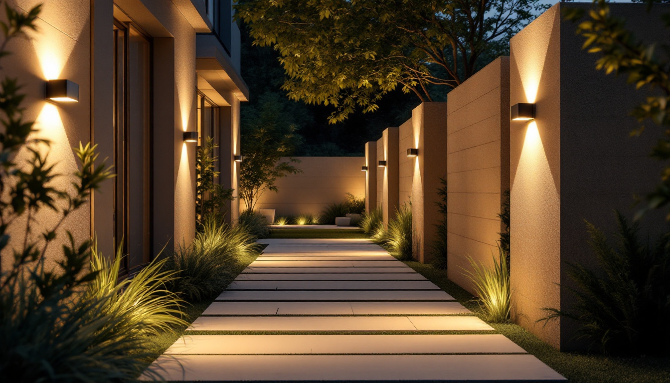 A photograph of a modern outdoor space featuring stylish led wall lights illuminating a pathway or patio