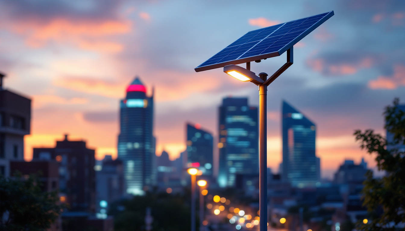 A photograph of a modern solar-powered streetlight illuminating a vibrant urban setting at dusk