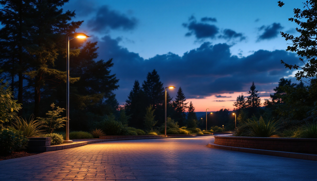 A photograph of a well-lit driveway showcasing stylish light posts that enhance the aesthetic and safety of the space during twilight