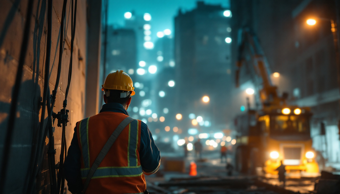 A photograph of a construction site where engineers are carefully installing temporary lighting stringers