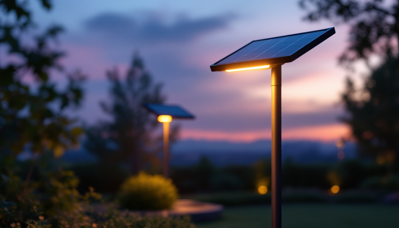 A photograph of a solar-powered pole lamp illuminated at dusk