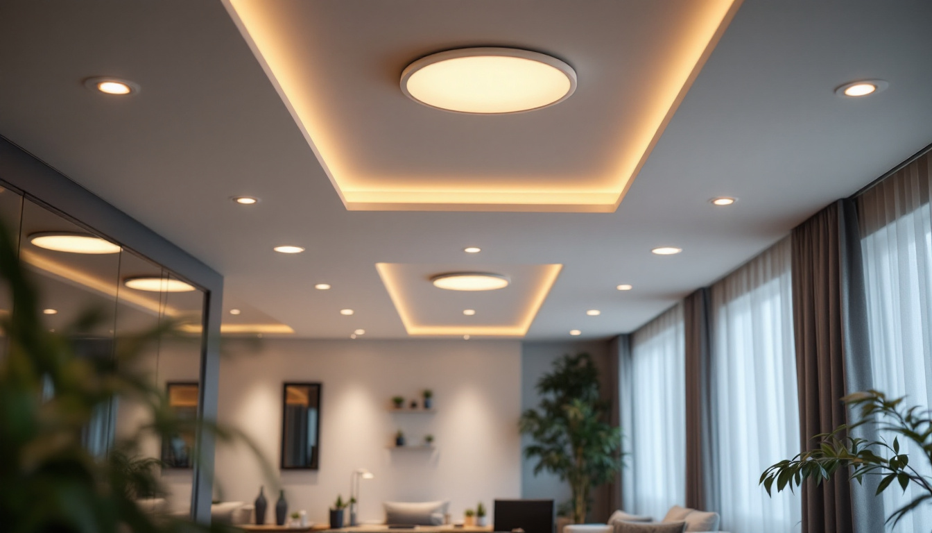 A photograph of a well-lit interior space featuring recessed led lights in various settings
